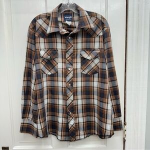 Wrangler western wear pearl snap button down shirt men's large. brown navy white